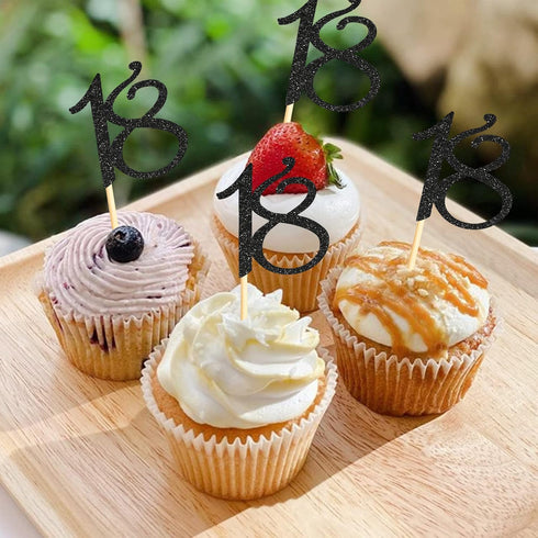 Sumerk 24PCS Black Glitter Cupcake Toppers, 18th Birthday Picks, Anniversary Party Decorations
