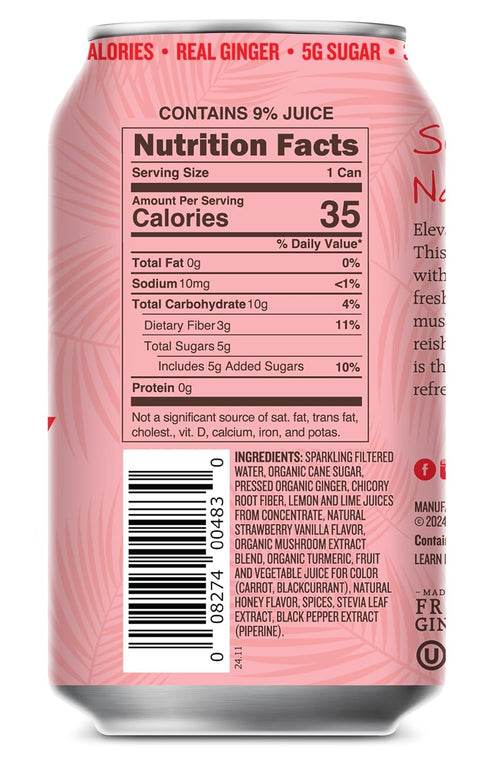 12oz 12-Pack Reed's Strawberry Vanilla Functional Soda - Organic Ginger, Adaptogen Mushroom Blend, Prebiotics - Cans