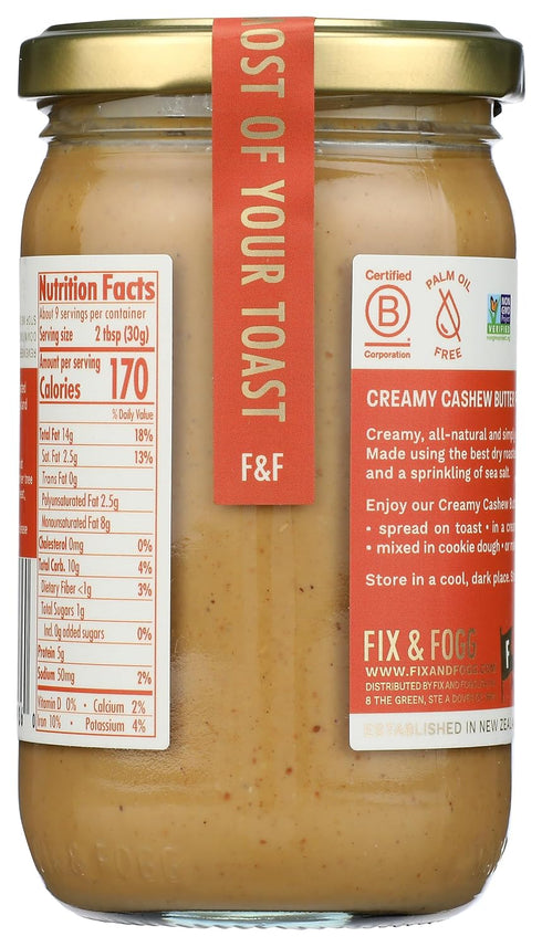 10 oz Fix & Fogg Creamy Cashew Butter - Natural Cashew Spread, No Added Sugar, No Palm Oil, Non-GMO, Vegan & Keto