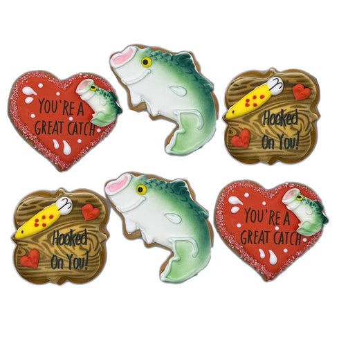 BakersDozenToGo Hooked on You Fishing Valentine- 6 Crunchy Decorated Shortbread Cookies Individually Wrapped