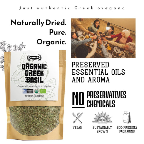 (3.52 oz), Apsogo Organic Greek Basil Premium Dried Basil Leaves for Cooking Pure Aromatic Herb Seasoning for Pizza