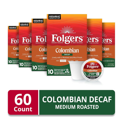 10 Count (Pack 6) Folgers Colombian Decaf Coffee, Medium Roast, Keurig K-Cup pods, Box