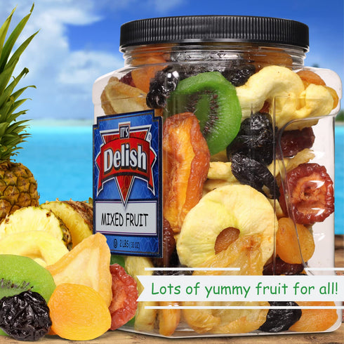 2 lbs (32 Oz) Dried Mixed Fruit with Prunes by It's Delish, Jumbo Container | Snack Mix of Prunes, Apricots, Plums