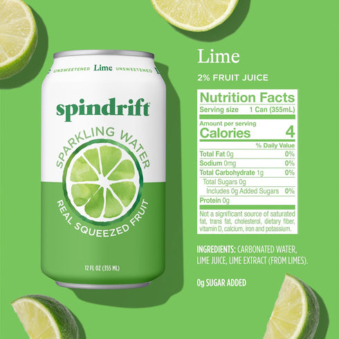12 Oz Pack 24 4 Spindrift Sparkling Water, Lime Flavored, Made with Real Squeezed Fruit, Fl Cans, of (Only Calories per