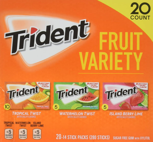 Trident Sugar Free Gum Fruit Variety Total 280 Sticks (20 Packs -14