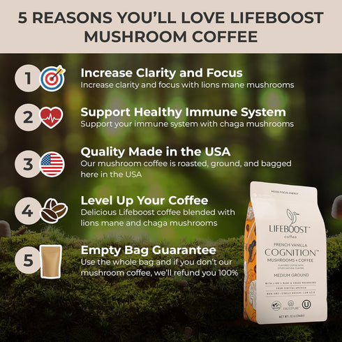 Immune 12 oz Lifeboost French Vanilla Cognition Mushroom Coffee - Low Acid Medium Organic Coffee with Nootropic Lions