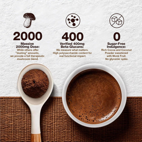 Immune, 0g 10 Count Veltracha Mushroom Hot Cocoa, Magnesium Calm Hot Chocolate Blend with Reishi, Chaga, Lion's Mane