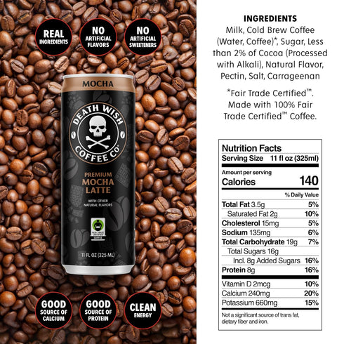 8g Death Wish Coffee, Iced Coffee Cold Brew, Protein, Fair Trade (Mocha Latte)