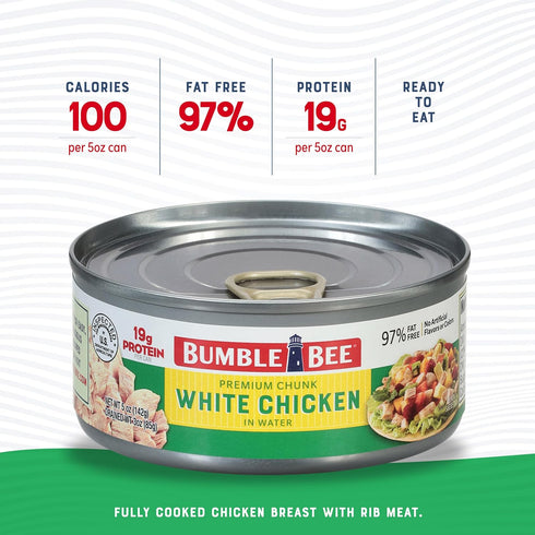 13g 5 oz (Pack 24) Bumble Bee Premium White Chicken Breast with Rib Meat in Water - Protein per Serving - Gluten Free