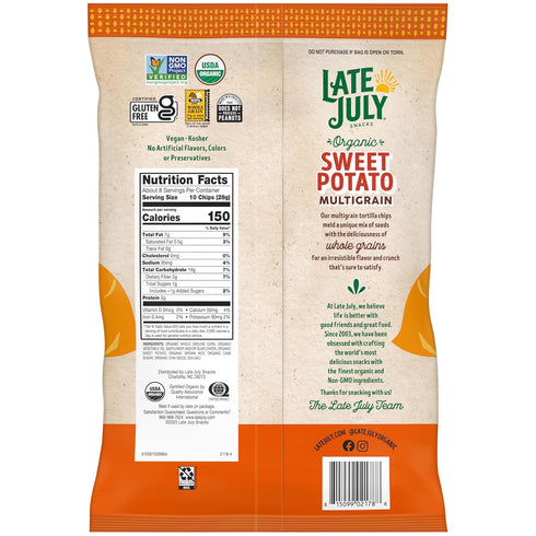 7.5 Oz (Pack 2) Late July Snacks Organic Multigrain Sweet Potato Tortilla Chips