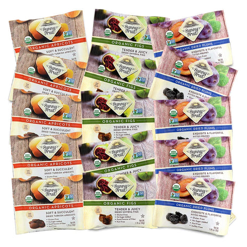3 (15 Packs) Sunny Fruit Organic Dried Fruit Assortment - Prunes, Figs & Apricots Variety, Bags Individual Portion | No