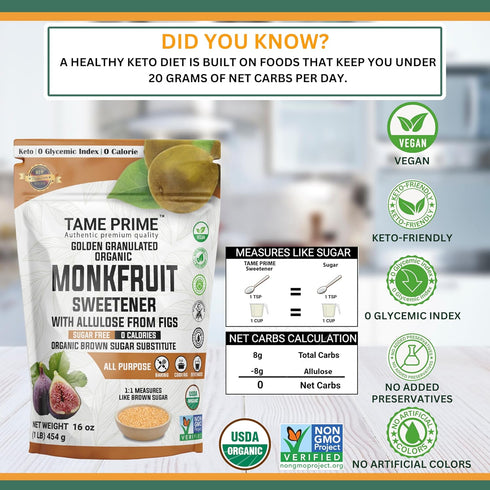 1 lb (454 1:1 0 0 Tame prime USDA Organic Brown Monkfruit sweetener with Allulose from figs, g), sweet like brown