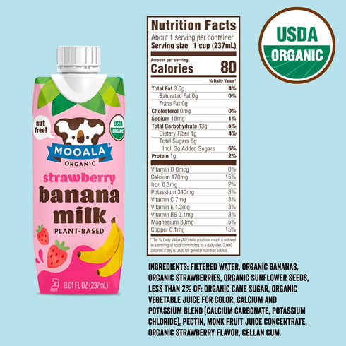 12 Pack Mooala - Organic Strawberry Bananamilk, Lunchbox Friendly, Shelf-Stable, Non-Dairy, Nut-Free, Plant-Based