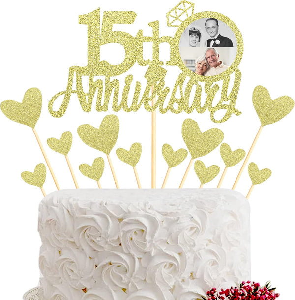 Sumerk 15th Anniversary Cake Topper, 13pcs Gold Glitter Cake Decorations with Small Heart for Celebration