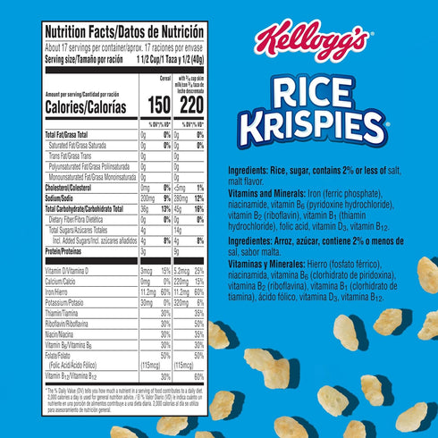 8 24oz (1 Kellogg's Rice Krispies Cold Breakfast Cereal, Vitamins and Minerals, Rice Krispies Treats, Giant Size