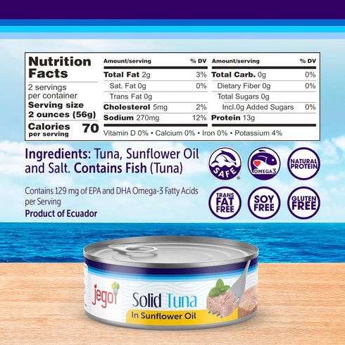 Pack 24 5oz Jego Solid Tuna in Sunflower Oil | Wild Natural Catch Tuna | Keto | Low Carb | Gluten Free | Soy Free |