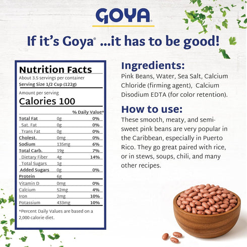 Pack 2 (15.5 oz Goya Low Sodium Pink Beans Canned, Smooth and Flavorful Habichuela Rosada, Pantry Staple, of Cans)