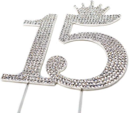 Number 15 Quinceanera Rhinestone Princess Crown Monogram Cake Topper for Sweet 15th Birthday Party (Silver)
