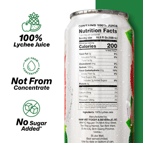 100% 16.9 oz (500 mL) Pack 24 VINUT Lychee Juice, No Added Sugar, Not From Concentrate, fl Can