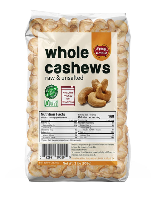 Spicy World Raw Cashews Whole 2 Pound (32oz) - Non-GMO, Unsalted, Natural & Pure