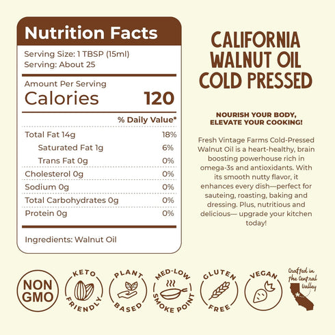 100% 12.68 Oz, Pack 2 Fresh Vintage Farms Undiluted Cold Pressed Walnut Oil | Wholesome & Nutritious Healthy Cooking