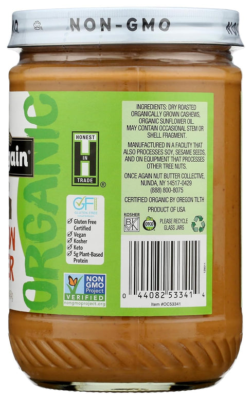 16oz (1 Once Again Organic Creamy Cashew Butter, - Unsweetened - USDA Organic, Gluten free Certified, Vegan, Kosher