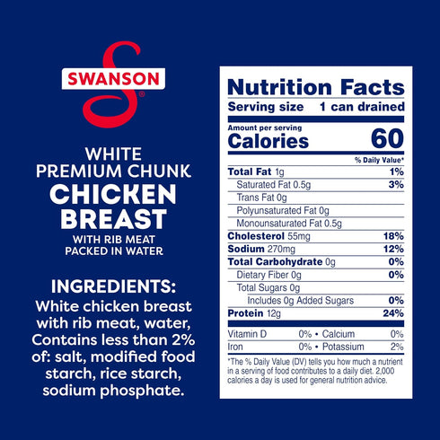 4.5 OZ Swanson White Premium Chunk Canned Chicken Breast in Water, Fully Cooked Chicken, Can