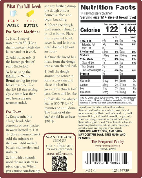 Pack; The Prepared Pantry Buttermilk White Bread Mix; Single For Bread Machine or Oven