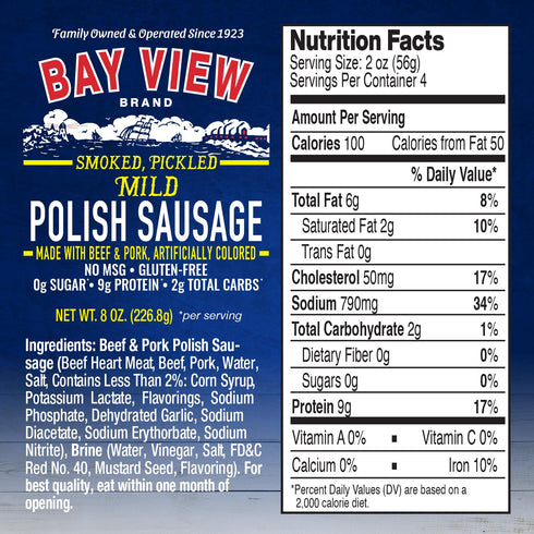0g 9g (8 Bay View Smoked Pickled Polish Sausage, No MSG, Gluten Free, No Soy, Sugar, Protein, Hardwood Smoked