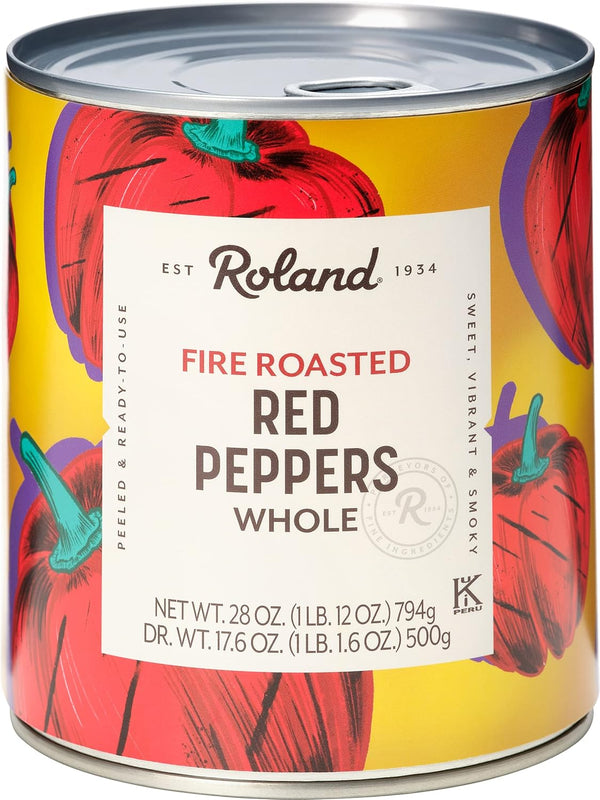 Roland Foods Whole Fire Roasted Red Peppers, Specialty Imported Food, 28 Ounce