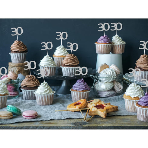 Sumerk 24PCS Silver Glitter Cupcake Toppers, 30th Birthday Picks, Anniversary Party Decorations