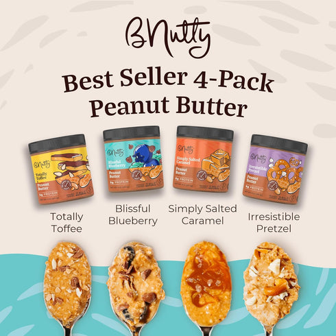 Pack 9oz Pack 4 BNutty Gourmet Peanut Butter Variety | Totally Toffee, Blissful Blueberry, Irresistible Pretzel