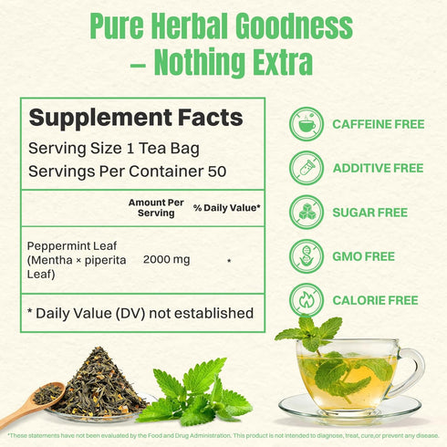 50 Count Hiihone Peppermint Tea Bags Pure Peppermint Mint Tea, Caffeine-Free Herbal Tea, Minty & Refreshing, Non-GMO