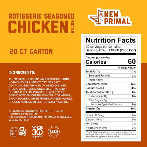 Whole30 10g 20 New Primal Rotisserie Chicken Sticks, Zero Sugar High Protein Snack, Gluten Free Healthy Snacks, Keto