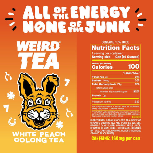 16oz 160mg Pack 12 Drink Weird Organic White Peach Oolong Tea Cans, Organic Caffeine, of A Refreshing Energy Drink