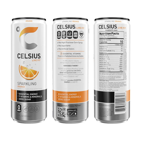 12 Oz (Pack 4) CELSIUS Sparkling Orange, Sugar Free Energy Drink, Fl