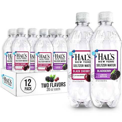 Hal's New York Seltzer Water, Black Cherry & Blackberry Variety Pack Sparkling Water, 20 Fl
