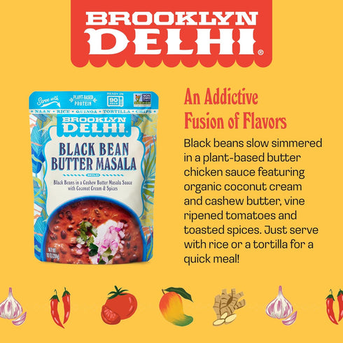 90 10oz, Pack 6 Brooklyn Delhi Black Bean Butter Masala Pouches - Ready to Eat, Protein-Rich, Microwavable Entree