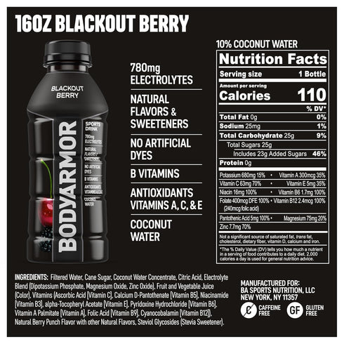 Potassium-Packed 16 Oz (Pack 12) BODYARMOR Sports Drink Sports Beverage, Blackout Berry, Coconut Water Hydration