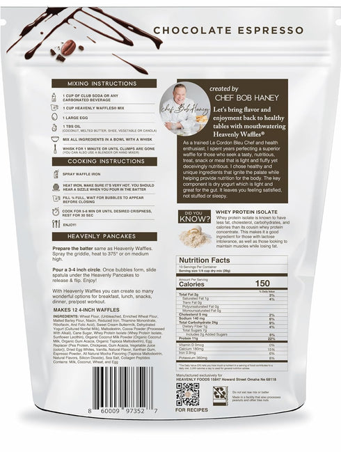 11g 13.5 oz Heavenly Waffles Mix, Chocolate Espresso, Protein, Yogurt Based, Healthy and Nutritiously Balanced