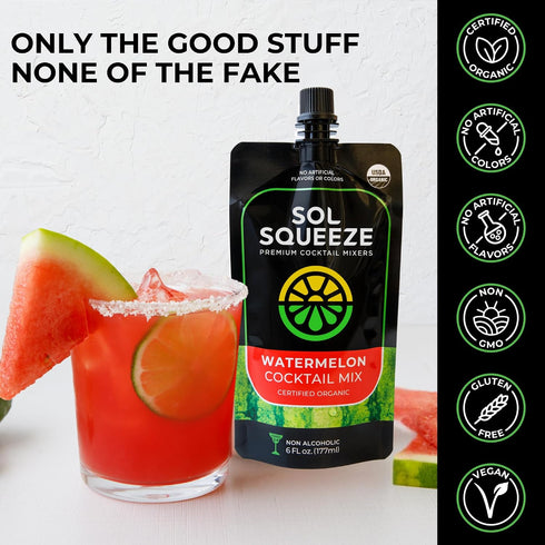 2-Serving 6 Pack SOL SQUEEZE Watermelon Cocktail Mix - Organic, Vegan, and Portable Pouch with Real Fruit Blend