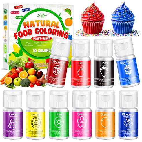 Natural Food Coloring - 10 Plant-Based Liquid Food Coloring Set, Artificial Dye