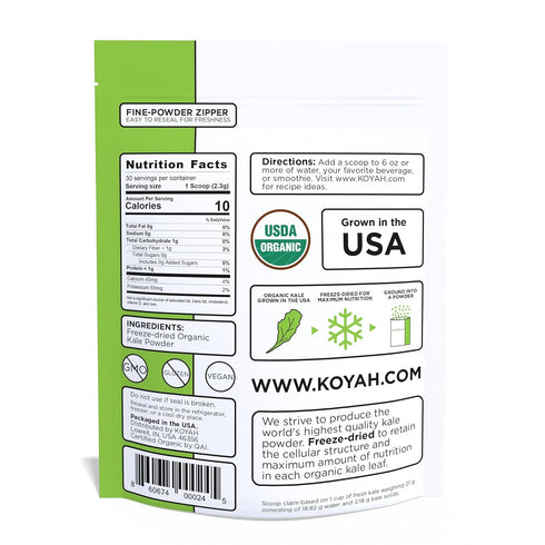 30 KOYAH - Organic USA Kale Powder (Equivalent to Cups Fresh): Freeze-dried, Whole-Leaf Powder