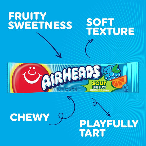 Pack 36 Airheads SOUR Candy Bars, Sour Blue Blast Flavored, Bulk, Concessions, Parties, of Bars