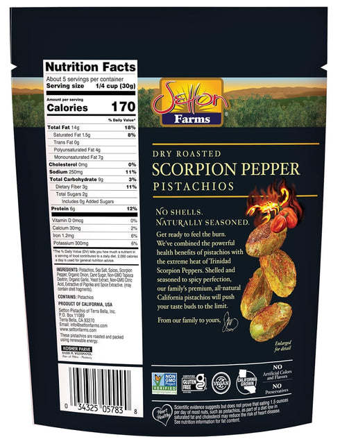 Setton 5 Oz Farms Pistachios, Scorpion Pepper Extreme Flavor, Naturally Seasoned, Dry Roasted No Shell, Non-GMO Project