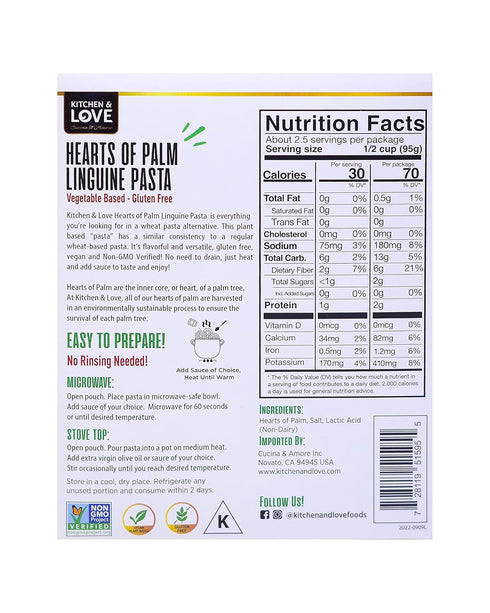 8 Oz (Pack 3) Kitchen & Love Hearts of Palm Linguine, Low Carb, Low Calories, Plant Based, Non GMO, Gluten Free Pasta