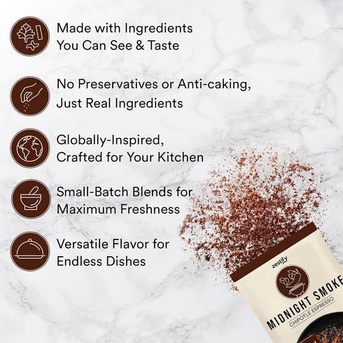 Packets (4-0.9 oz Zestify Midnight Smoke Chipotle Espresso Seasoning | Smoky, Sweet & Spicy BBQ & Dry Rub for Grilling
