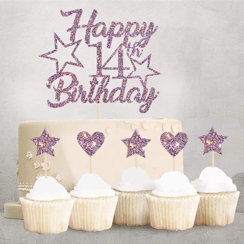 Purple Glitter Happy 14th Birthday Cake Topper with Cupcake Toppers for Boys or Girls (14th)