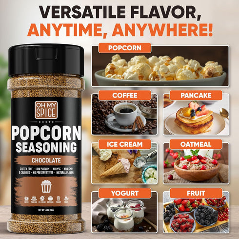 5.5oz Popcorn Seasoning Chocolate Powder Mix - Gluten Free & Low Sodium Cocoa Powder Blend Popcorn Flavoring Seasoning.