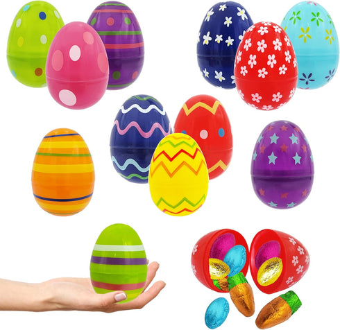 Chochkees 100-Pack 2.3" Inch Printed Easter Eggs Fillable with Hinge Bulk Colorful Painted Plastic Easter Eggs, Perfect